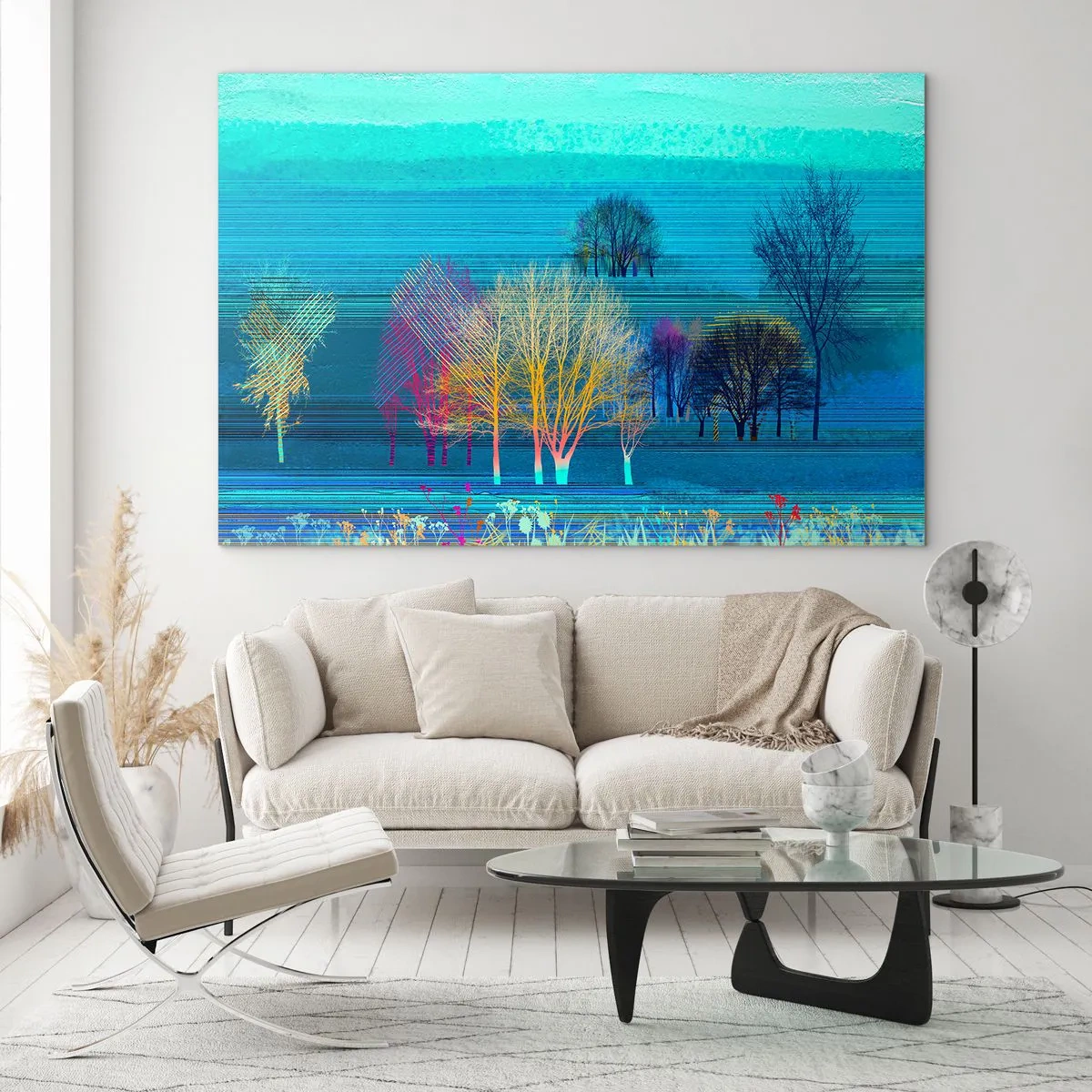 Glastavla - Bild på glas - Ett färgstarkt landskap med träd mot en bakgrund av blå toner - 70x50cm - Finkammat landskap - Modern väggdekoration för vardagsrum och sovrum ARTTOR
