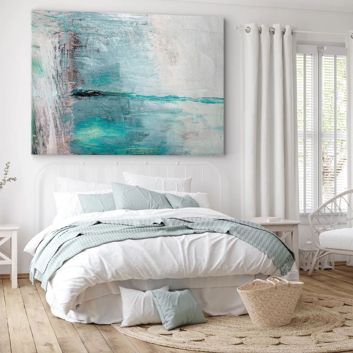 Canvastavla - Bild på duk - Abstraktion i nyanser av turkos och grått - 70x50cm - Horisontellt i blått - Modern väggdekoration för vardagsrum och sovrum ARTTOR