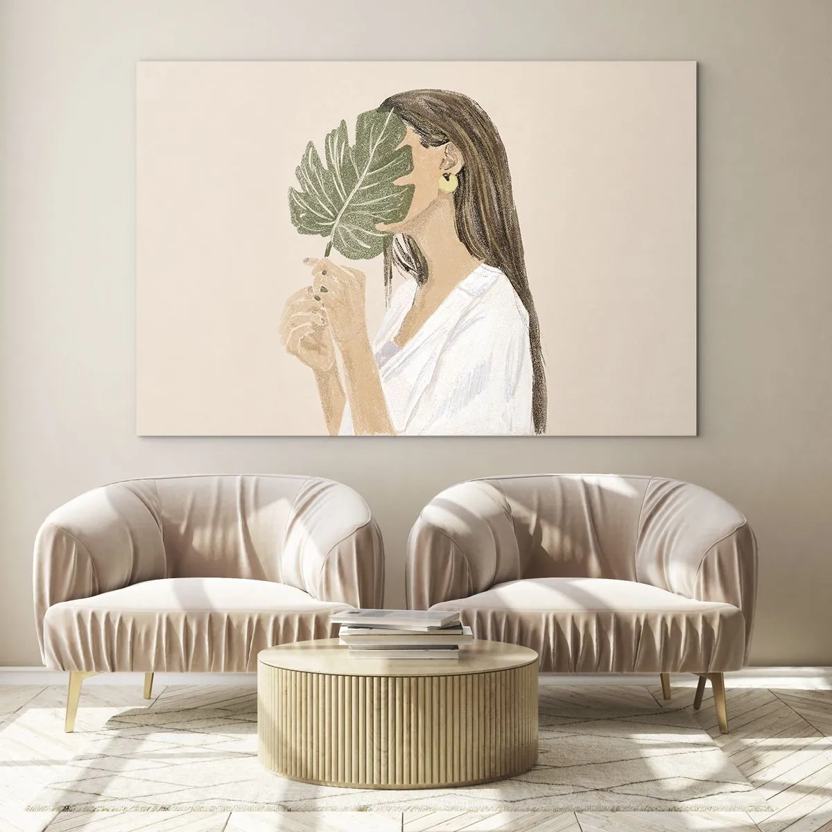 Glastavla - Bild på glas - En kvinna med långt hår håller ett löv framför ansiktet. - 70x50cm - Mystiskt porträtt med solfjäder - Modern väggdekoration för vardagsrum och sovrum ARTTOR