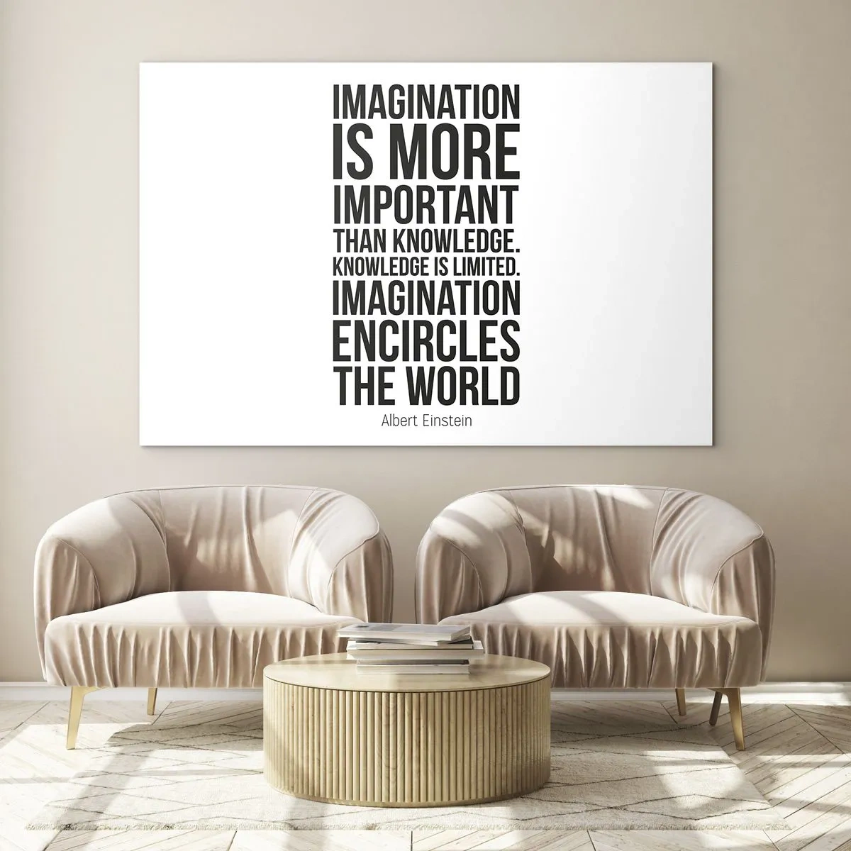 Glastavla - Bild på glas - Ett citat om fantasi i minimalistisk typografi - 70x50cm - Einstein om fantasins styrka - Modern väggdekoration för vardagsrum och sovrum ARTTOR