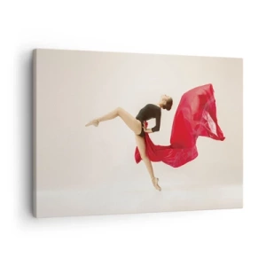 Canvastavla - Bild på duk - En dynamisk dansare i svart outfit och rött tyg i rörelse. - 70x50cm - Röd och svart - Modern väggdekoration för vardagsrum och sovrum ARTTOR