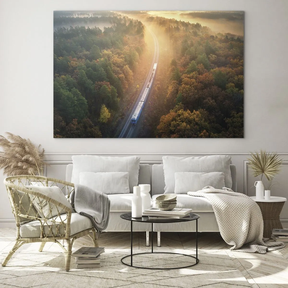 Glastavla - Bild på glas - Ett tåg i ett pittoreskt höstlandskap, fullt av värme och nostalgi - 70x50cm - Höstresa - Modern väggdekoration för vardagsrum och sovrum ARTTOR