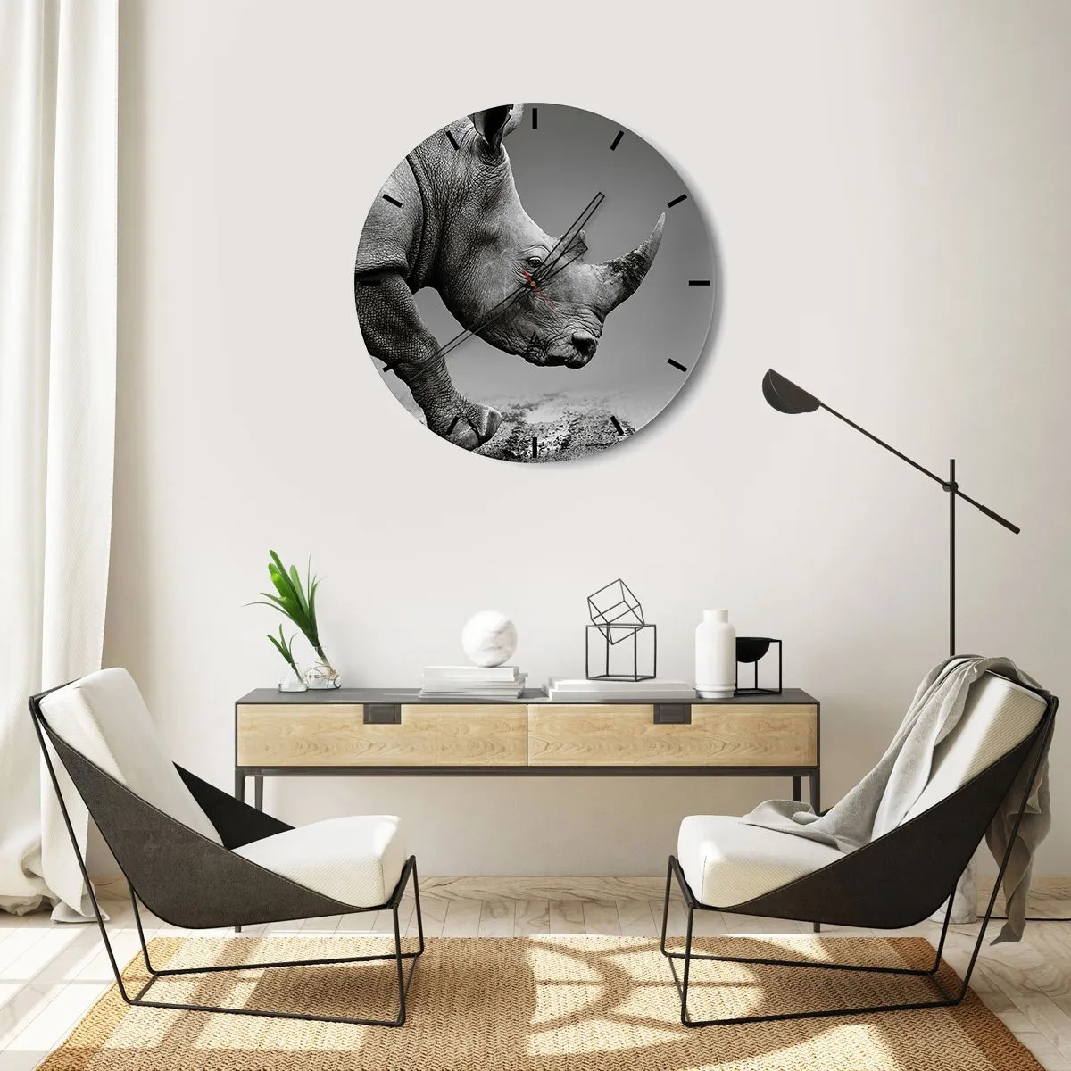 Väggklocka - Klocka på glas - En noshörning i svartvitt stil mot en neutral bakgrund - 30x30cm - Ostoppbar kraft - Modern väggdekoration för vardagsrum, kök och sovrum ARTTOR