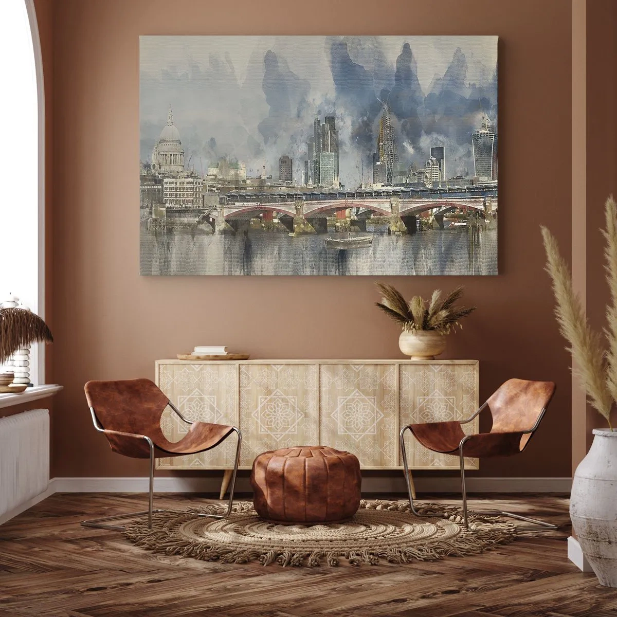 Canvastavla - Bild på duk - Akvarellvy av bron och stadens silhuett - 70x50cm - London i hela sin prakt - Modern väggdekoration för vardagsrum och sovrum ARTTOR