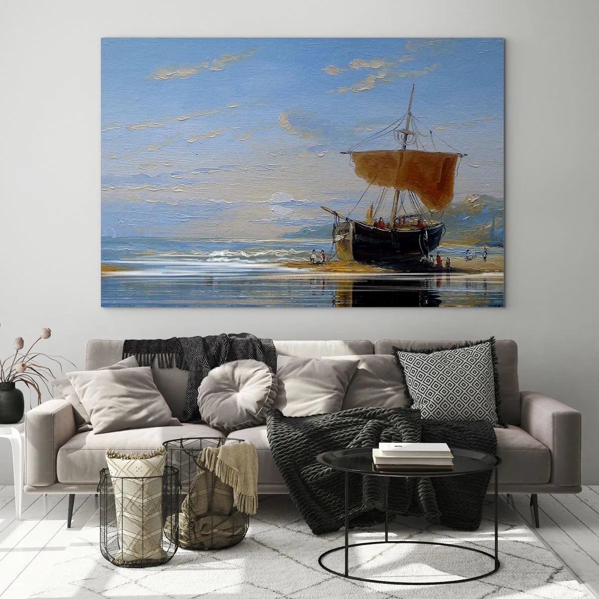 Glastavla - Bild på glas - Ett skepp med segel vid stranden i målerisk stil - 70x50cm - Vatten, jord, luft - Modern väggdekoration för vardagsrum och sovrum ARTTOR