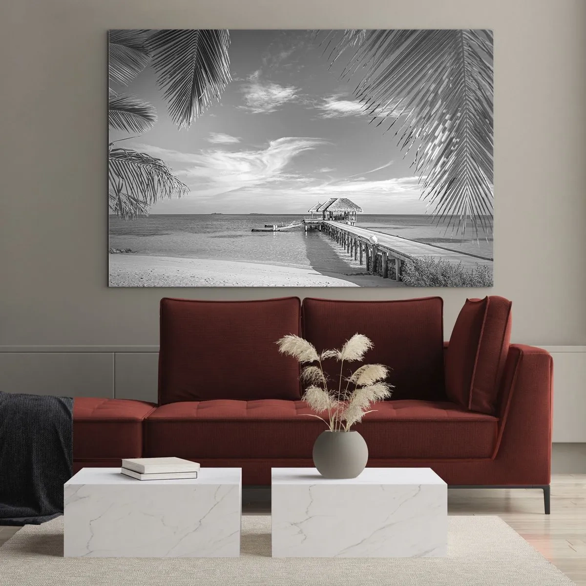 Glastavla - Bild på glas - Svartvit bild av en tropisk strand med en brygga - 70x50cm - Minne eller dröm? - Modern väggdekoration för vardagsrum och sovrum ARTTOR