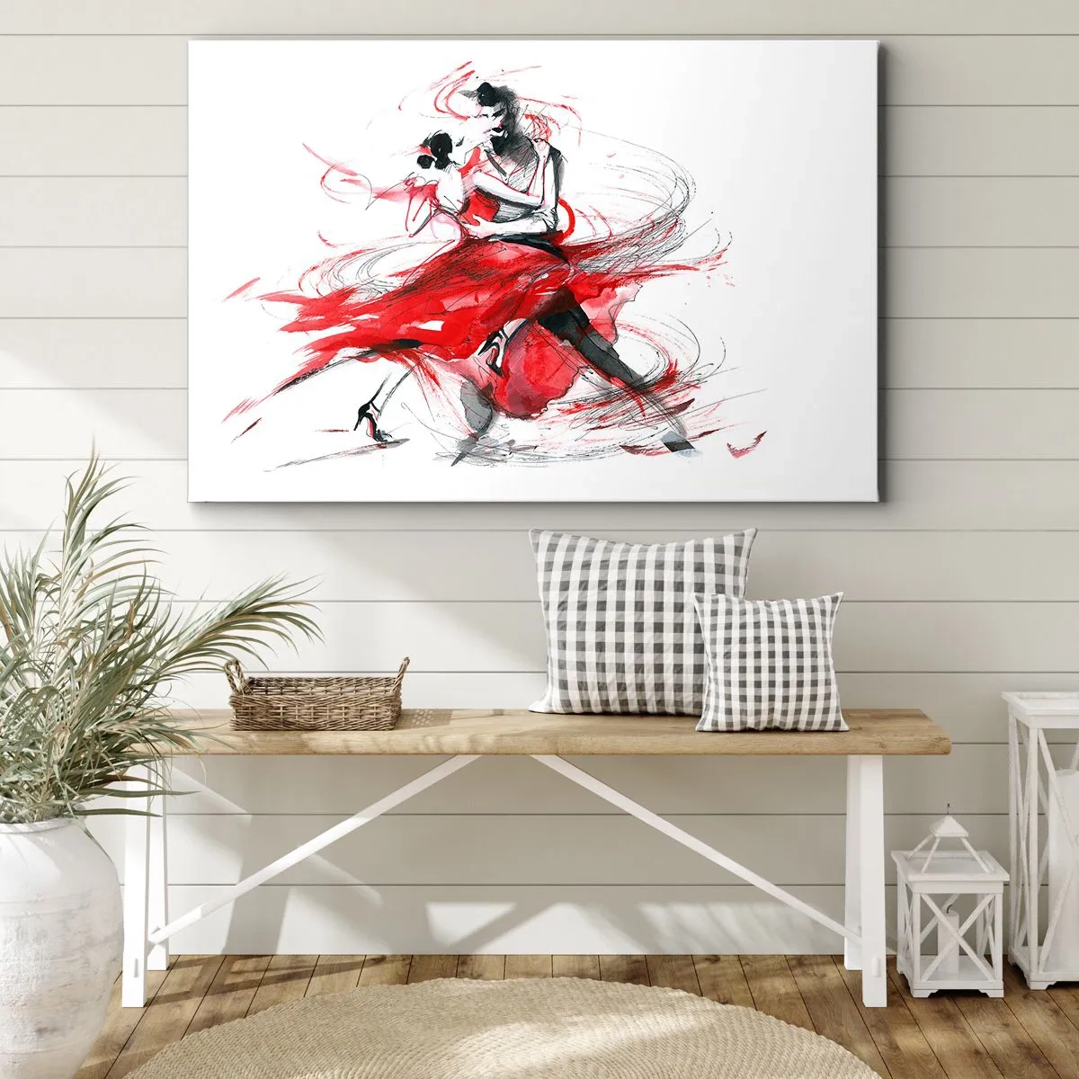 Canvastavla - Bild på duk - Dansare i en dynamisk dans med röda accenter - 70x50cm - Tango - passionens rytm - Modern väggdekoration för vardagsrum och sovrum ARTTOR