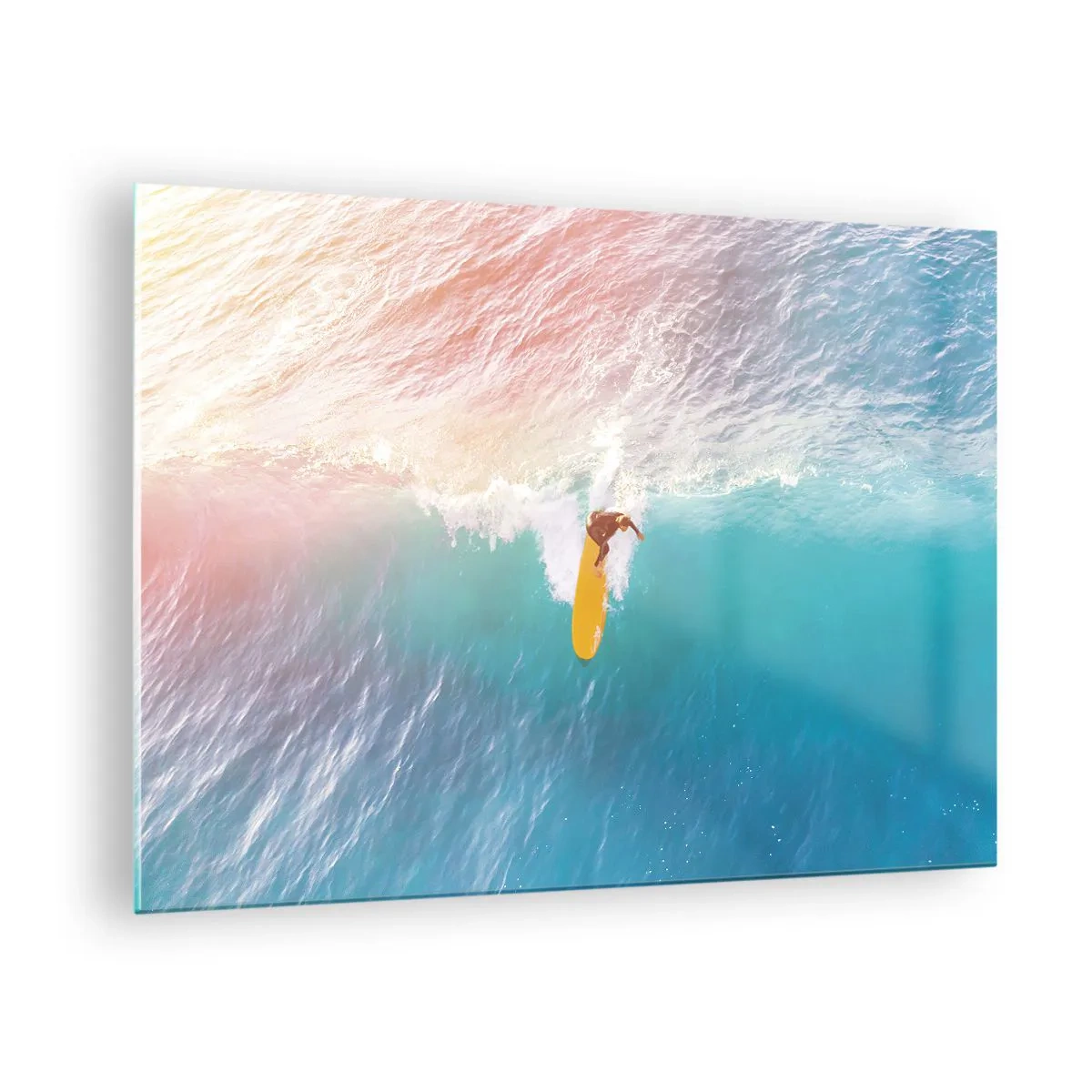 Glastavla - Bild på glas - Surfare som rider på en våg i det turkosa havet - 70x50cm - Havsryttare - Modern väggdekoration för vardagsrum och sovrum ARTTOR