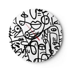 Väggklocka - Klocka på glas - Abstrakta linjekonst ansikten på vit bakgrund - 30x30cm - Ansikten och hägringar - Modern väggdekoration för vardagsrum, kök och sovrum ARTTOR