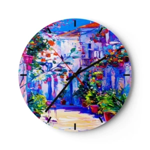 Väggklocka - Klocka på glas - En charmig uteplats full av blommor i intensiva färger - 30x30cm - Impression - italiensk gränd - Modern väggdekoration för vardagsrum, kök och sovrum ARTTOR