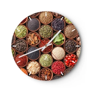 Väggklocka - Klocka på glas - En urtavla med ett färgglatt motiv av kryddor och örter i träskålar. - 30x30cm - Världens alla smaker - Modern väggdekoration för vardagsrum, kök och sovrum ARTTOR