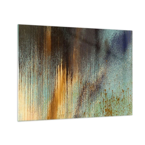 Glastavla - Bild på glas - Abstrakta linjer och fläckar i guld, blått och svart - 70x50cm - En oavsiktlig färgglad komposition - Modern väggdekoration för vardagsrum och sovrum ARTTOR