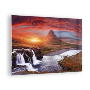 Glastavla - Bild på glas - Berglandskap med vattenfall och solnedgång - 70x50cm - Utsikt över Midgård - Modern väggdekoration för vardagsrum och sovrum ARTTOR