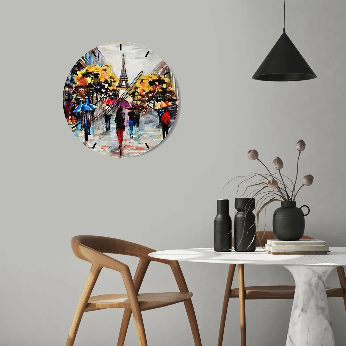 Väggklocka - Klocka på glas - Eiffeltornet med höstträd och parasoller på gatan - 30x30cm - Särskilt vacker på hösten - Modern väggdekoration för vardagsrum, kök och sovrum ARTTOR