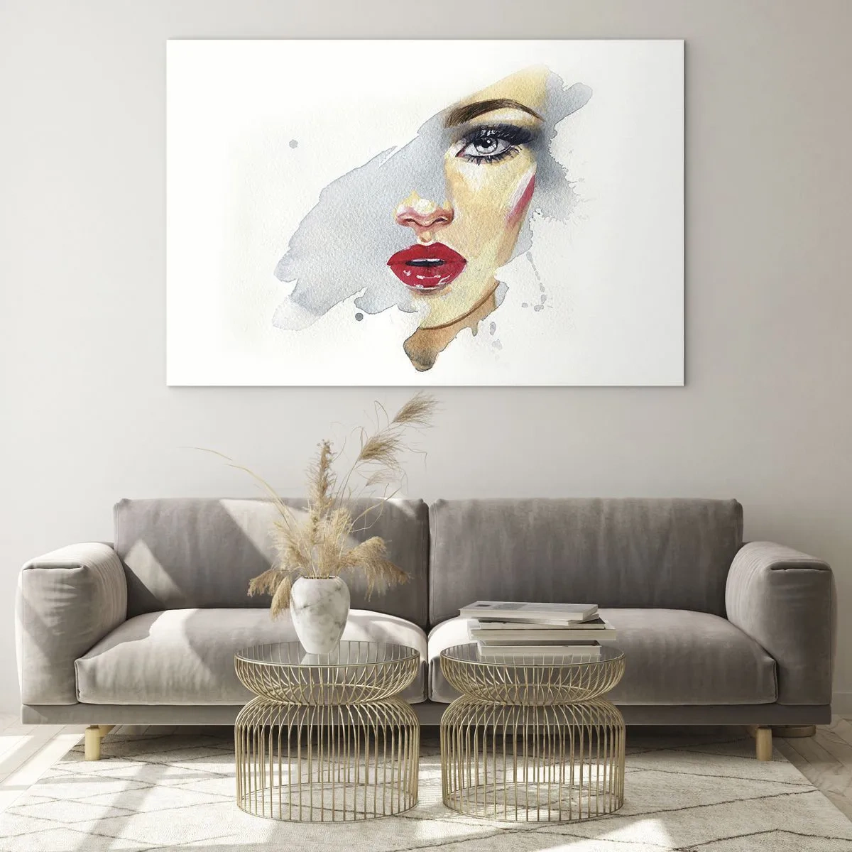 Glastavla - Bild på glas - Akvarellporträtt av en kvinna med röda läppar - 70x50cm - Reflektion i vattendroppe - Modern väggdekoration för vardagsrum och sovrum ARTTOR