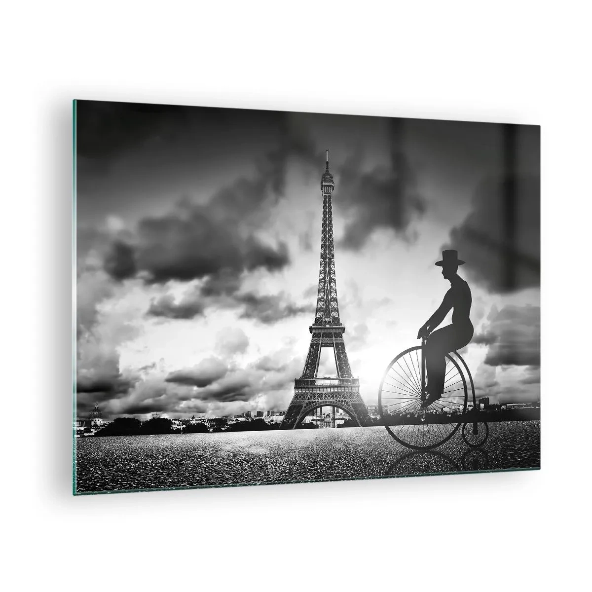 Glastavla - Bild på glas - Eiffeltornet med retrocykel i svartvitt - 70x50cm - Längtan efter Belle Epoque - Modern väggdekoration för vardagsrum och sovrum ARTTOR