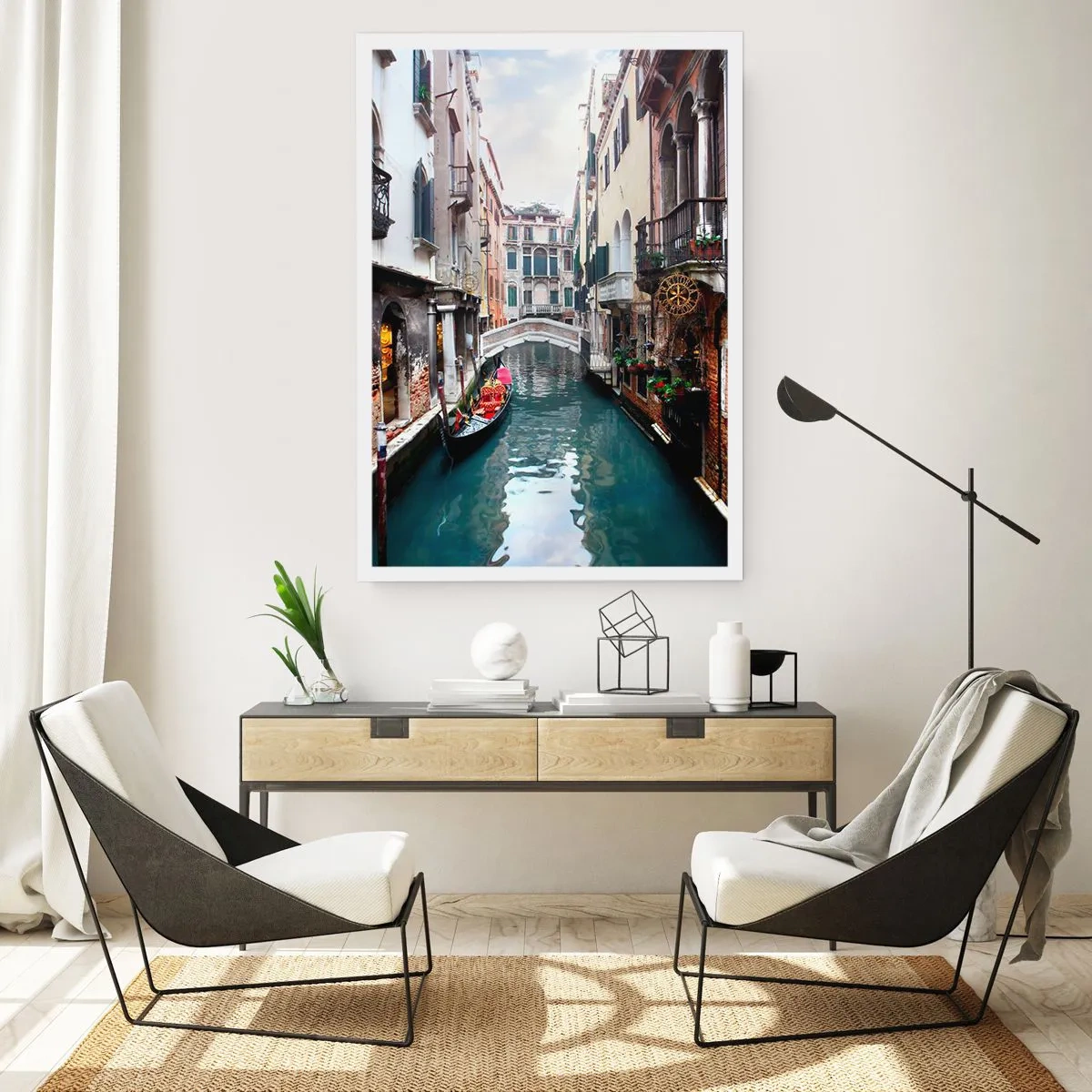 Affisch - Venedig-landskap med gondol och bro - 70x100 cm