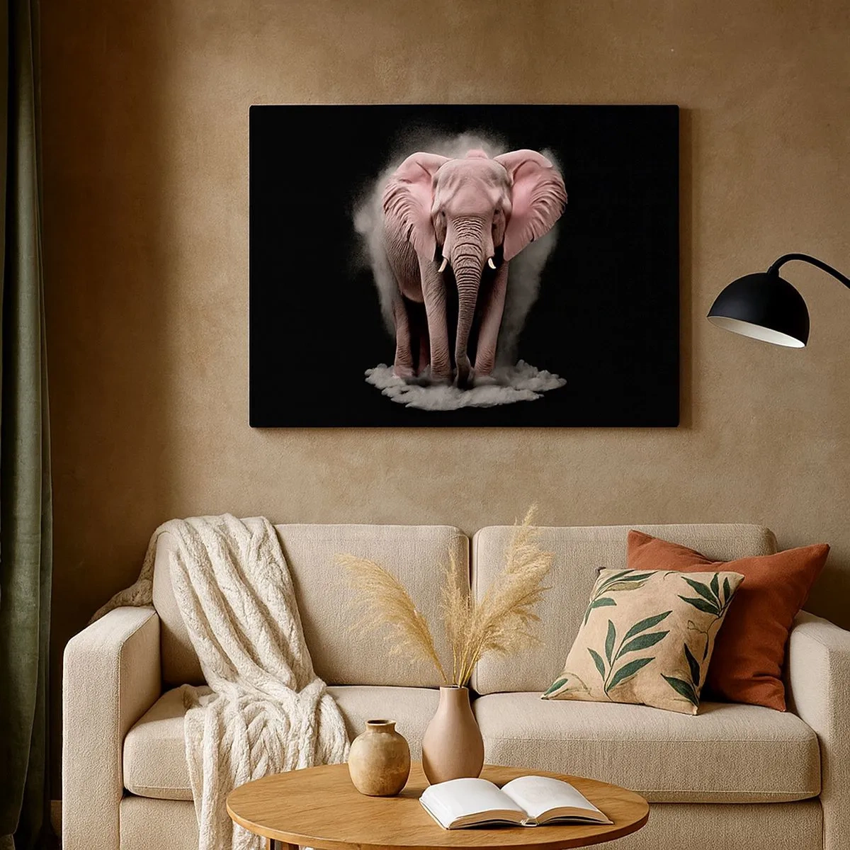 Canvastavla - Bild på duk - En konstnärlig tolkning av en rosa elefant mot svart bakgrund - 70x50cm - Tänk inte på en rosa elefant! - Modern väggdekoration för vardagsrum och sovrum ARTTOR