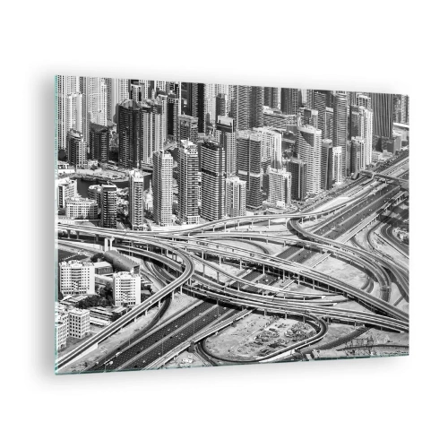 Glastavla - Bild på glas - Svartvitt panorama över staden med en motorvägskorsning - 70x50cm - Dubai - en omöjlig stad - Modern väggdekoration för vardagsrum och sovrum ARTTOR