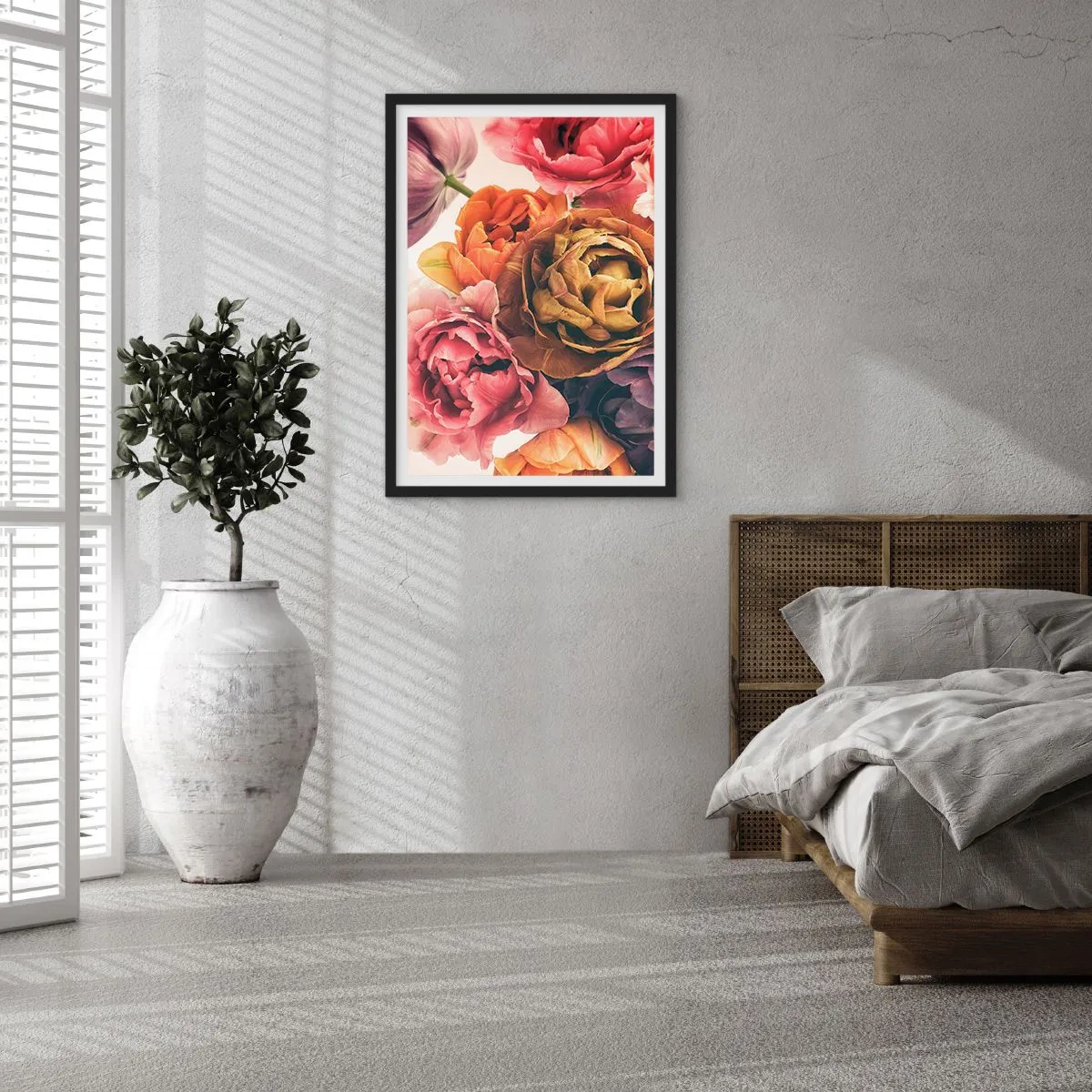 Affisch i svart ram - Färgglada pionblommor i ett konstnärligt tillvägagångssätt - 50x70cm - Livets högtid - Modern väggdekoration för vardagsrum och sovrum ARTTOR