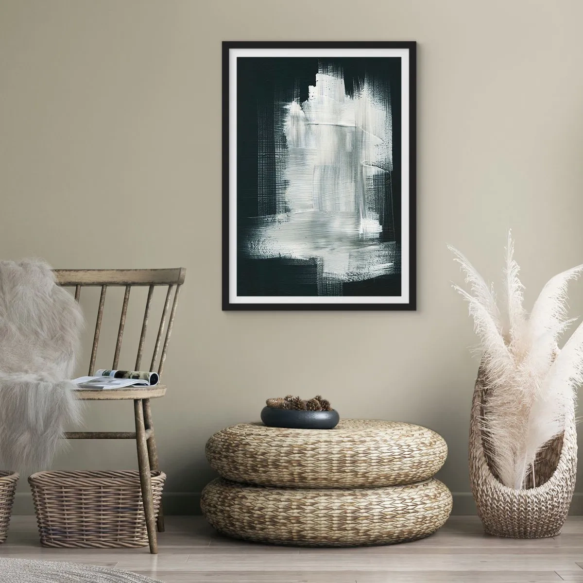 Affisch i svart ram - Abstrakt komposition i vitt mot en mörk bakgrund - 50x70cm - Vävd av det vertikala och horisontella - Modern väggdekoration för vardagsrum och sovrum ARTTOR