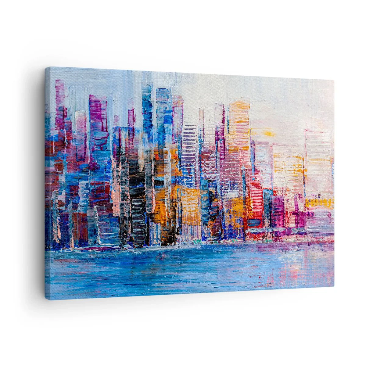 Canvastavla - Bild på duk - Ett färgglatt panorama över staden med reflektioner på vattnet - 70x50cm - En glädjefylld metropol - Modern väggdekoration för vardagsrum och sovrum ARTTOR