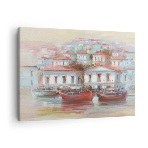 Canvastavla - Bild på duk - Färgglada båtar och pittoreska byggnader vid vattnet i pastellfärger - 70x50cm - Lycklig stad - Modern väggdekoration för vardagsrum och sovrum ARTTOR