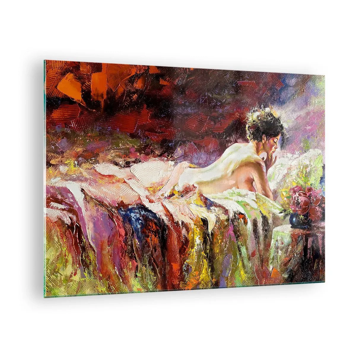 Glastavla - Bild på glas - Impressionistisk kvinnlig nakenbild på färgglatt tyg - 70x50cm - Venus försänkt i sina tankar - Modern väggdekoration för vardagsrum och sovrum ARTTOR