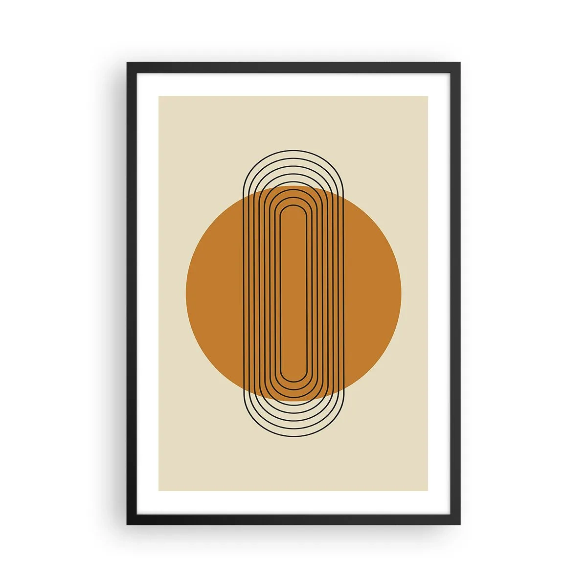 Affisch i svart ram - Geometriskt mönster med orangea cirklar och linjer - 50x70cm - Perfekt plan - Modern väggdekoration för vardagsrum och sovrum ARTTOR