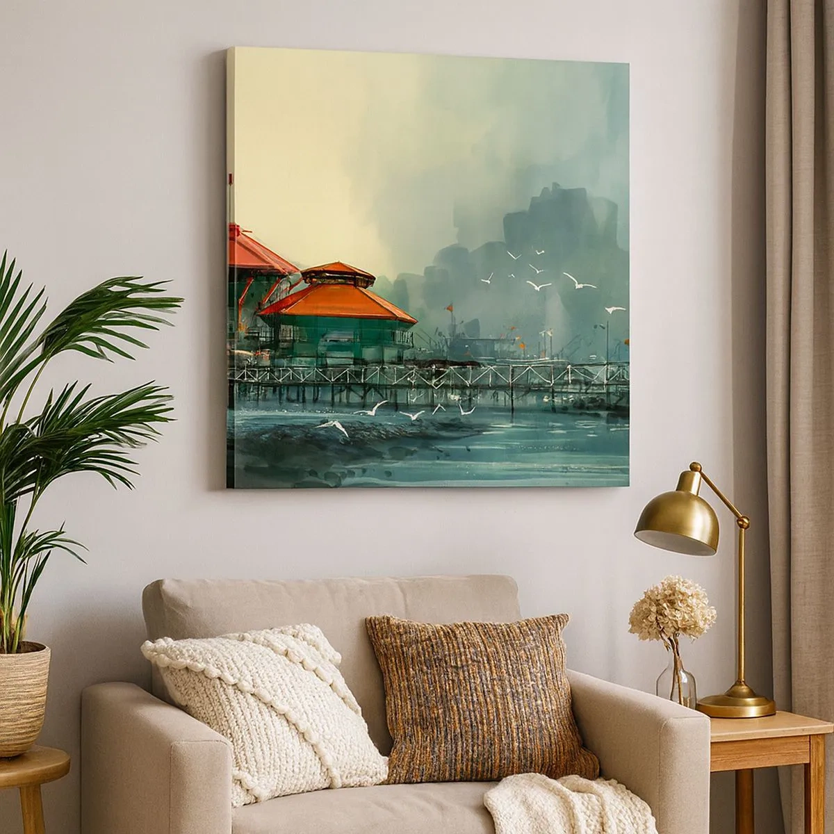 Canvastavla - Bild på duk - Duggig dag i hamnen - 30x30 cm