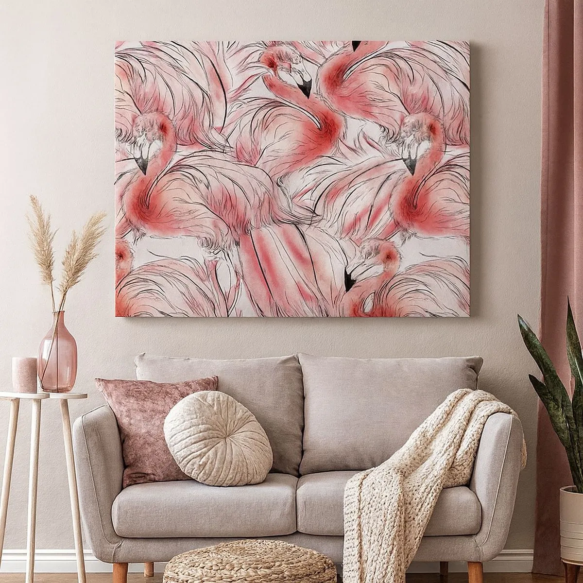 Canvastavla - Bild på duk - Fina teckningar av rosa flamingos - 70x50cm - Fåglarnas corps de ballet - Modern väggdekoration för vardagsrum och sovrum ARTTOR