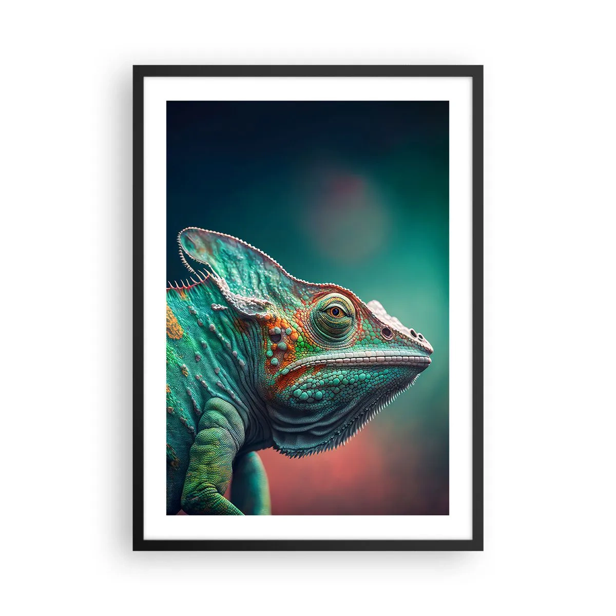 Affisch i svart ram - En färgglad kameleont mot en slående bakgrund - 50x70cm - Ser du mig? Inte bra… - Modern väggdekoration för vardagsrum och sovrum ARTTOR