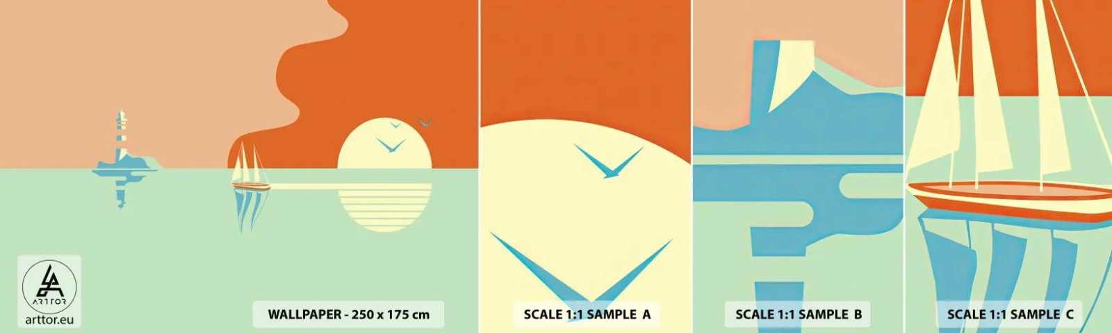 Provbit av självhäftande fototapet Deluxe Sticker - Perfekt havslandskap - Abstraktion, Segelbåt, Lykta - 100x30 cm