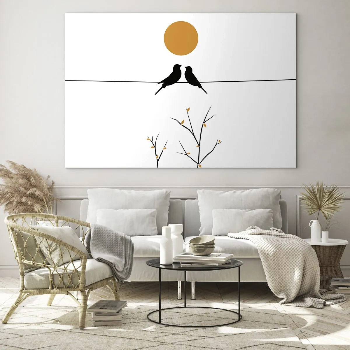 Glastavla - Bild på glas - Fåglar på en linje under en orange sol - 70x50cm - Näktergalens kväll - Modern väggdekoration för vardagsrum och sovrum ARTTOR