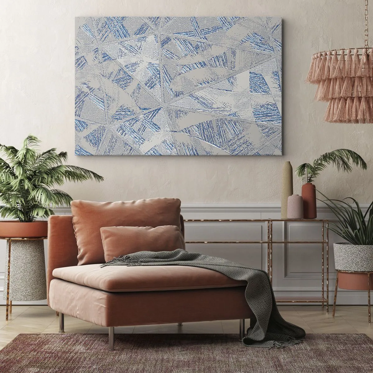 Canvastavla - Bild på duk - Geometriska mönster i nyanser av blått och grått - 70x50cm - I en gråblå labyrint - Modern väggdekoration för vardagsrum och sovrum ARTTOR