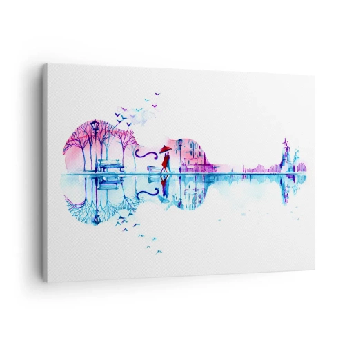 Canvastavla - Bild på duk - Fiolformad stadssilhuett i akvarellfärger - 70x50cm - Regnmusik - Modern väggdekoration för vardagsrum och sovrum ARTTOR