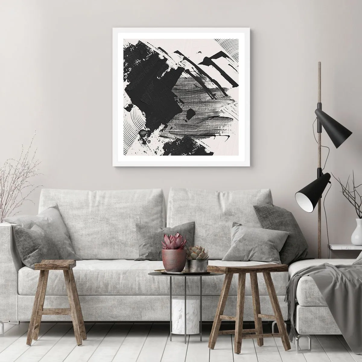 Affisch i vit ram - Abstraktion - uttrycket av svart - 50x50 cm