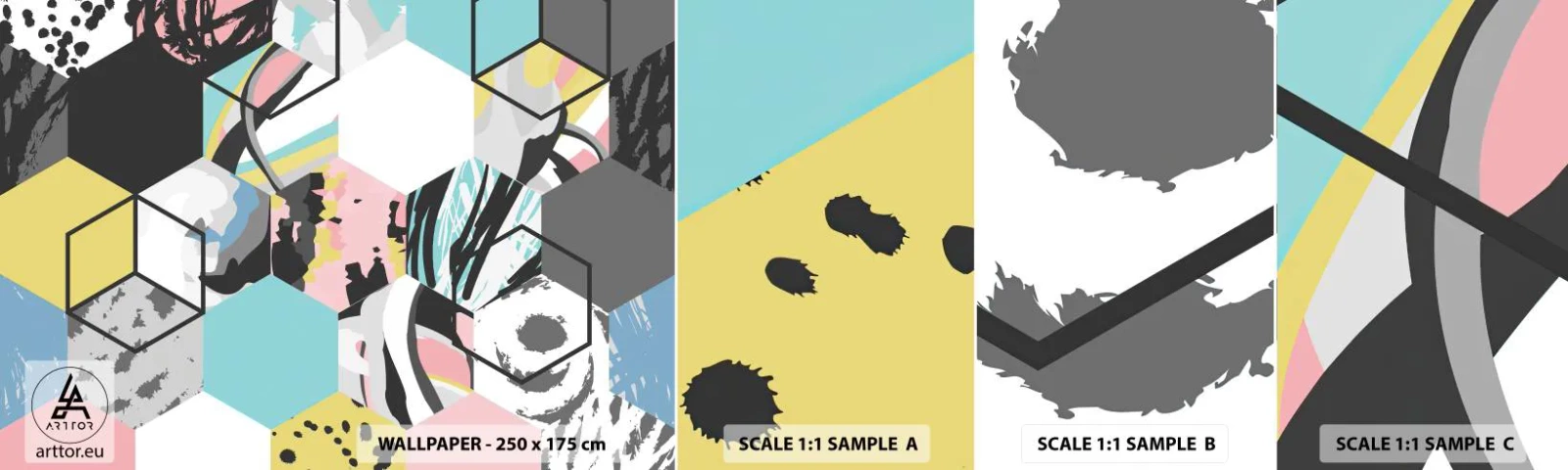 Fototapet Prov Standard Eco - Sexkanter och kuber i sex färger - Abstraktion, Bit, Modernt mönster - 100x30 cm