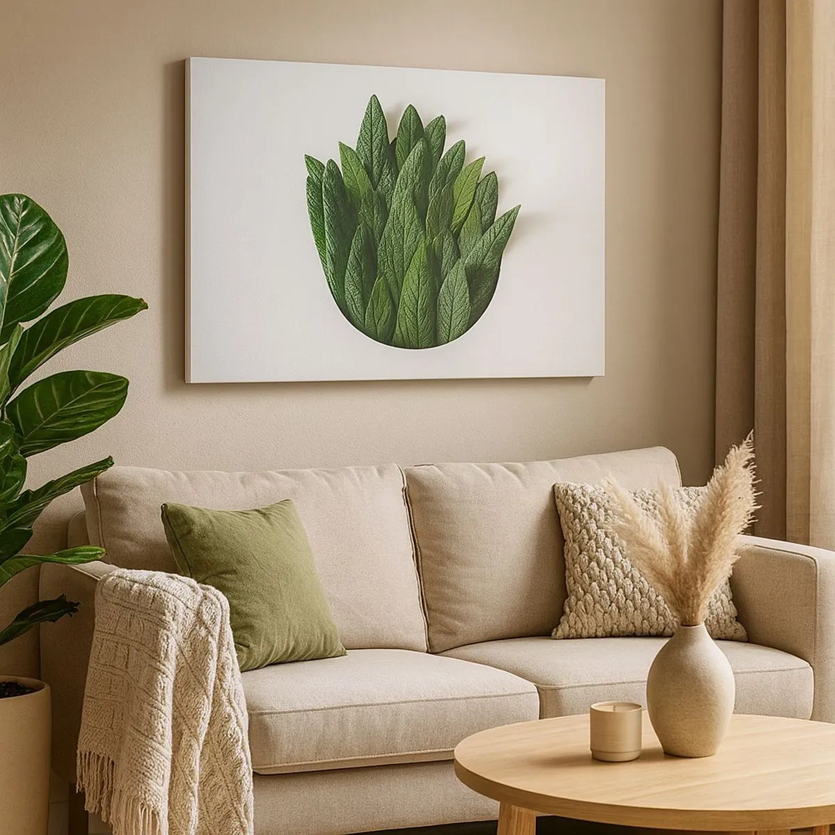 Canvastavla - Bild på duk - En komposition av gröna blad mot en ljus bakgrund - 70x50cm - Ostoppbar nyfikenhet - Modern väggdekoration för vardagsrum och sovrum ARTTOR