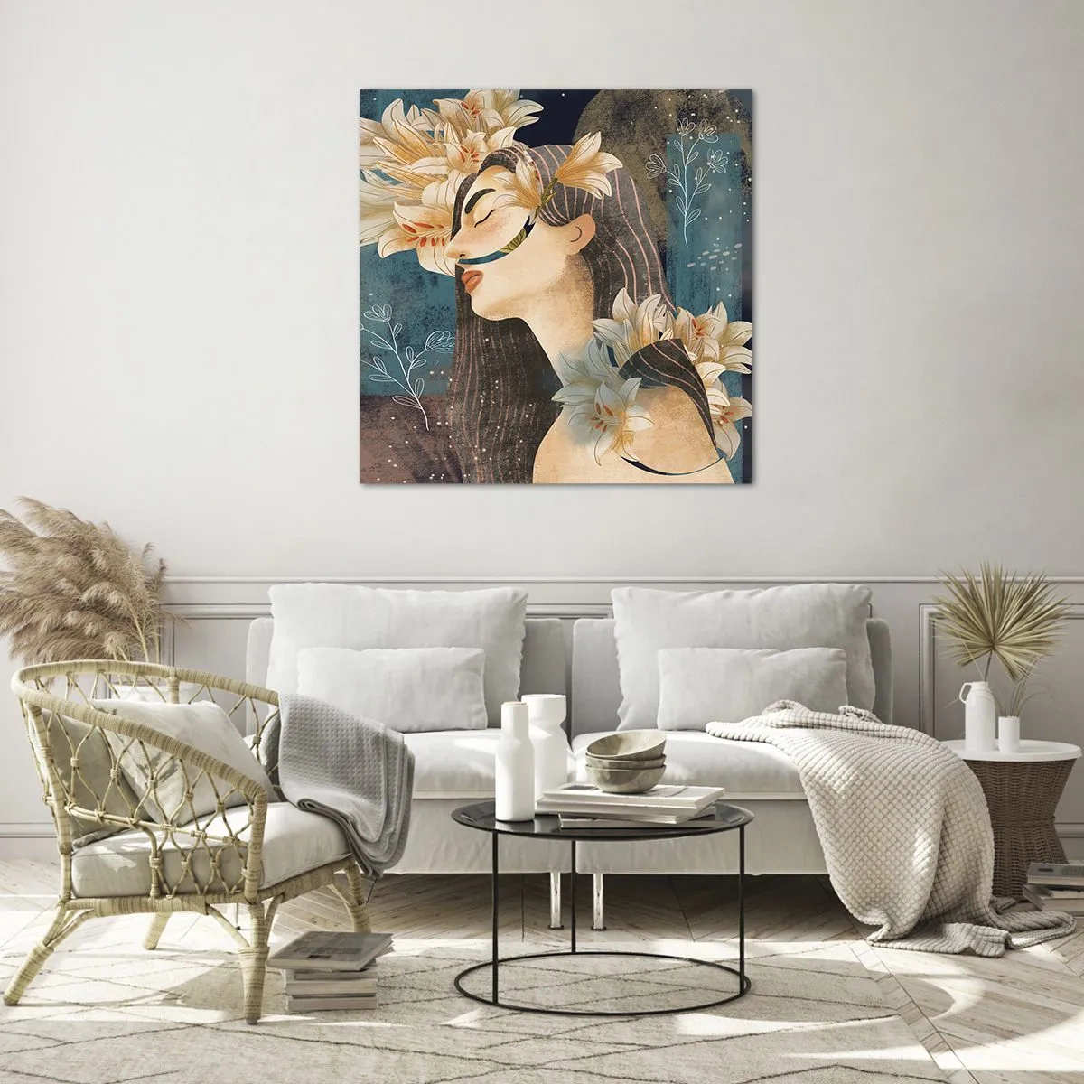 Glastavla - Bild på glas - Sagan om drottning med liljor - 60x60 cm