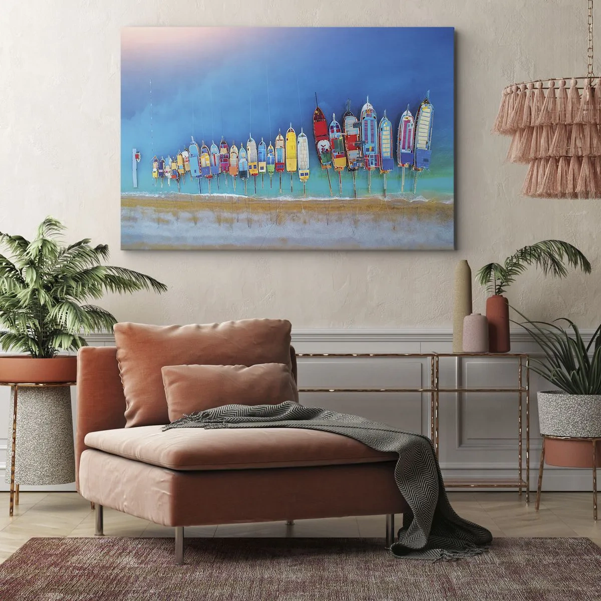 Canvastavla - Bild på duk - Färgglada båtar uppradade i rad på stranden - 70x50cm - Ur fågelperspektivet - Modern väggdekoration för vardagsrum och sovrum ARTTOR