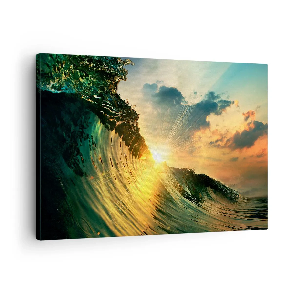 Canvastavla - Bild på duk - En våg med den nedgående solen och upplysta moln - 70x50cm - Surfare, var är du? - Modern väggdekoration för vardagsrum och sovrum ARTTOR
