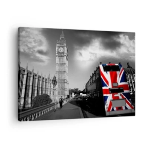 Canvastavla - Bild på duk - Big Ben och en buss med en brittisk flagga mot en svartvit bakgrund - 70x50cm - Stolt och stor - Modern väggdekoration för vardagsrum och sovrum ARTTOR