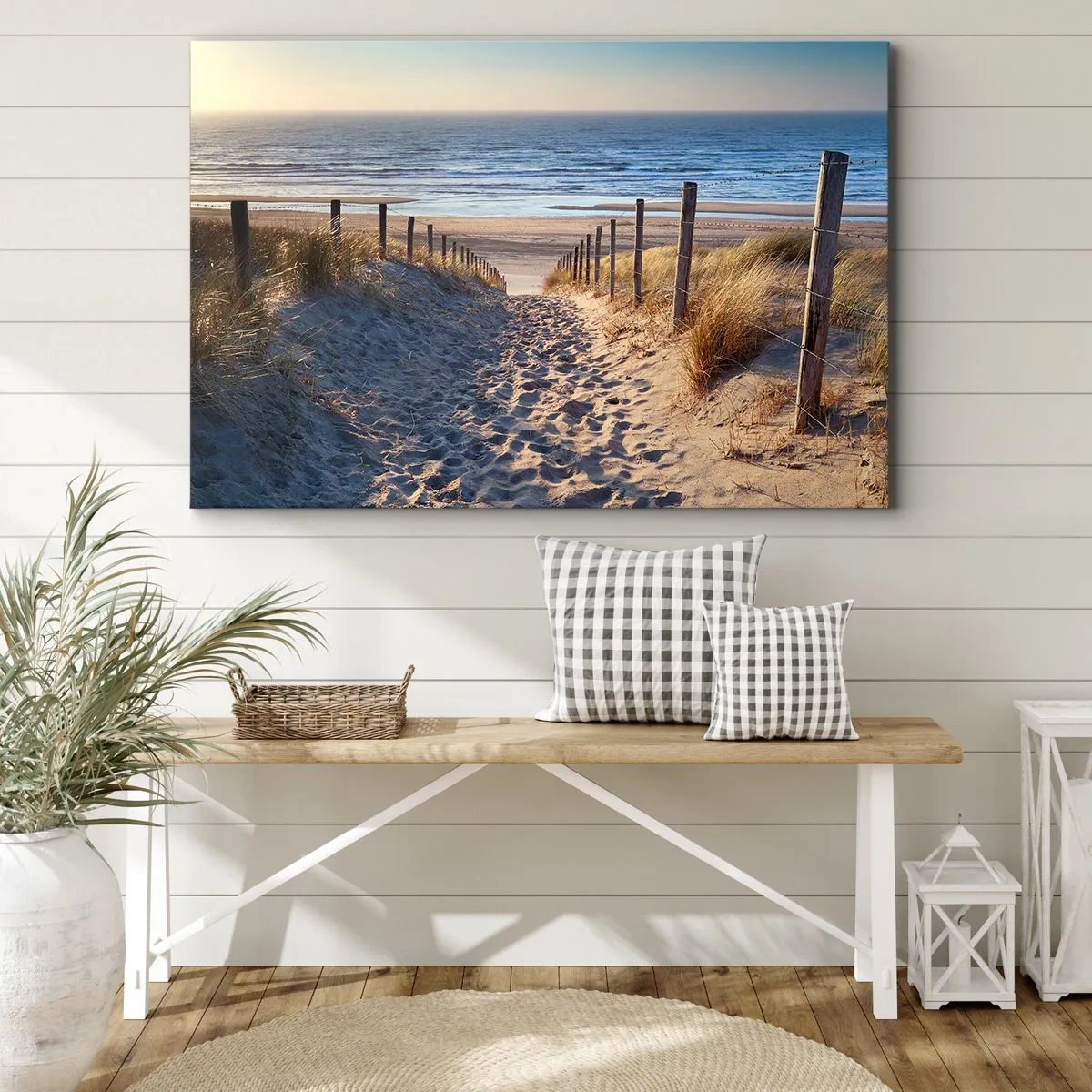 Canvastavla - Bild på duk - Stigen genom sanddynerna som leder till stranden - 70x50cm - Havets brus, fågelsång, tom strand bland träden - Modern väggdekoration för vardagsrum och sovrum ARTTOR