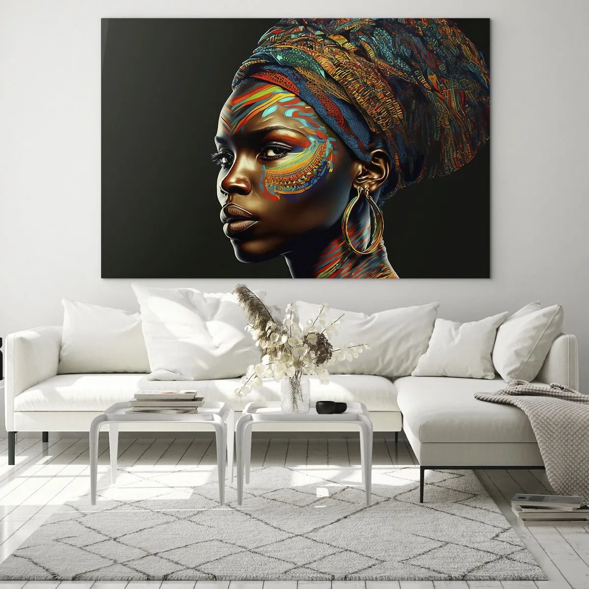 Glastavla - Bild på glas - Porträtt av en kvinna med färgglad målning och turban - 70x50cm - Afrikansk drottning - Modern väggdekoration för vardagsrum och sovrum ARTTOR