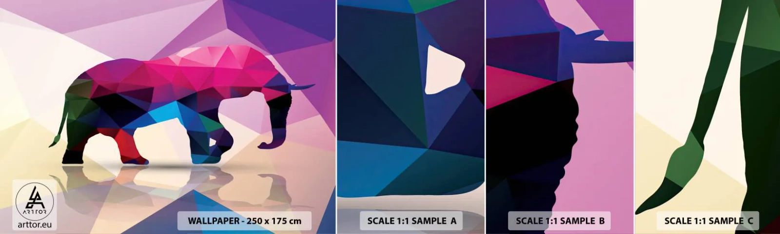 Provbit av självhäftande fototapet Deluxe Sticker - Kristalldinosaurie - Djur, Elefant, Geometrisk figur - 100x30 cm