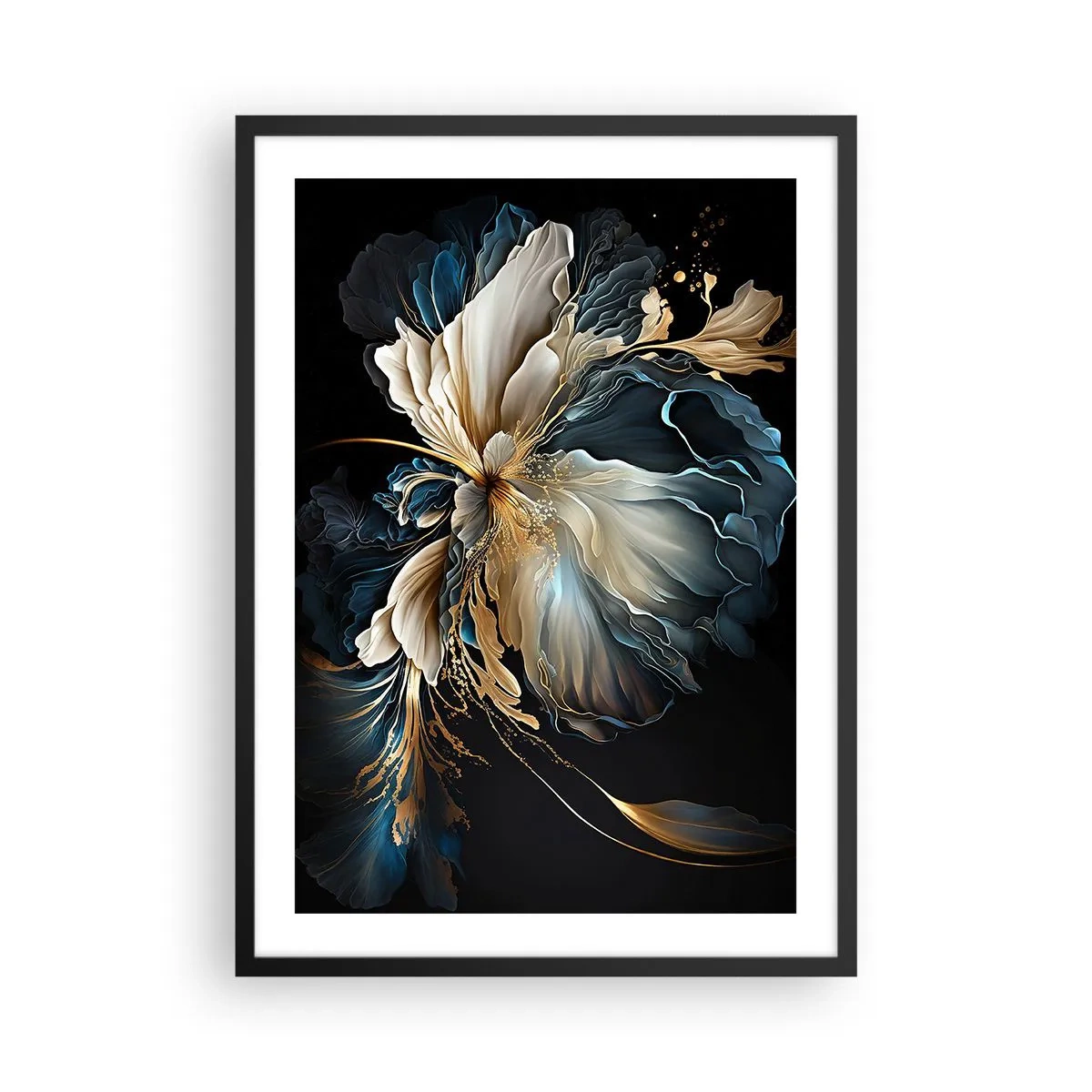 Affisch i svart ram - Ett elegant abstrakt blomsterarrangemang i guld och marinblått. - 50x70cm - Sagolik ormbunksblomma - Modern väggdekoration för vardagsrum och sovrum ARTTOR