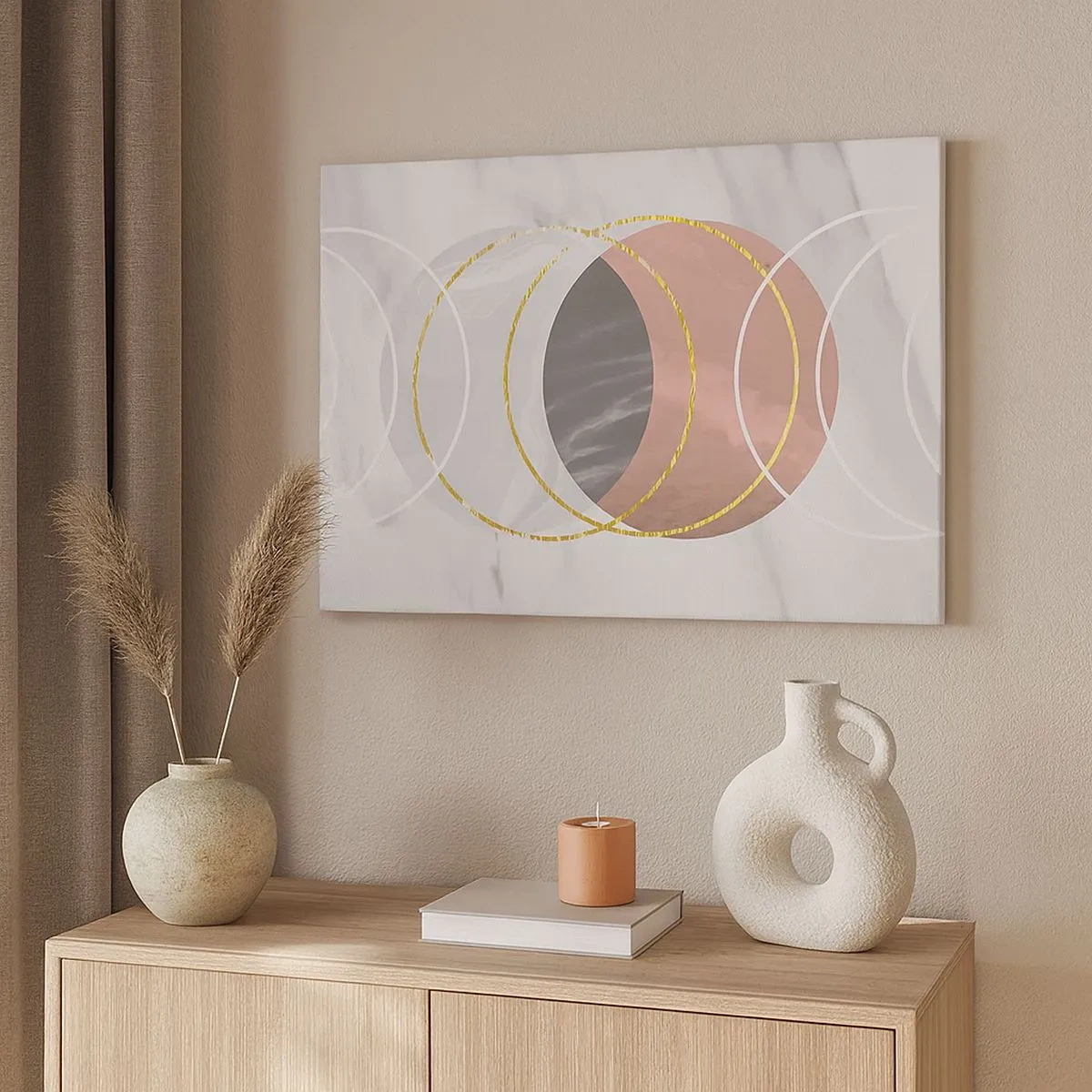 Canvastavla - Bild på duk - Abstrakt geometrisk komposition med cirklar och metalliska detaljer - 70x50cm - Sfärernas musik - Modern väggdekoration för vardagsrum och sovrum ARTTOR