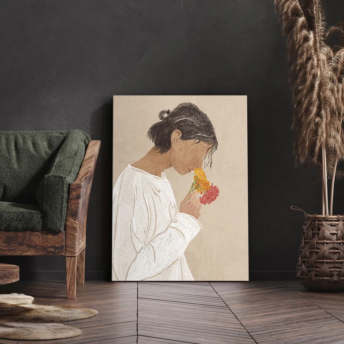 Canvastavla - Bild på duk - Flicka och blommor - 55x100 cm