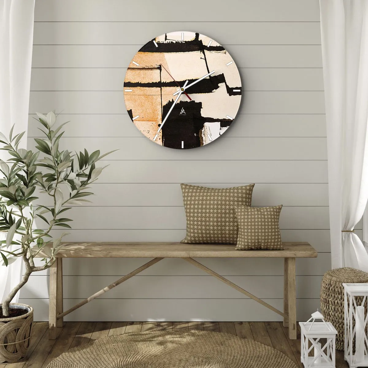 Väggklocka - Klocka på glas - Abstrakt geometrisk komposition i beige och svart - 30x30cm - Ändå ordning - Modern väggdekoration för vardagsrum, kök och sovrum ARTTOR